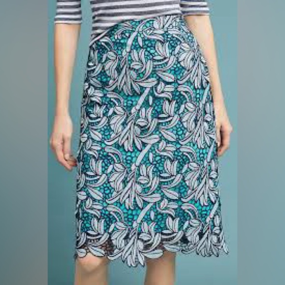Anthropologie Maeve Tallulah Lace Overlay Pencil Skirt Navy/Teal - Size 10